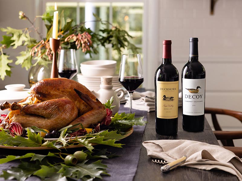 Turkey on thanksgiving table with with California red wines